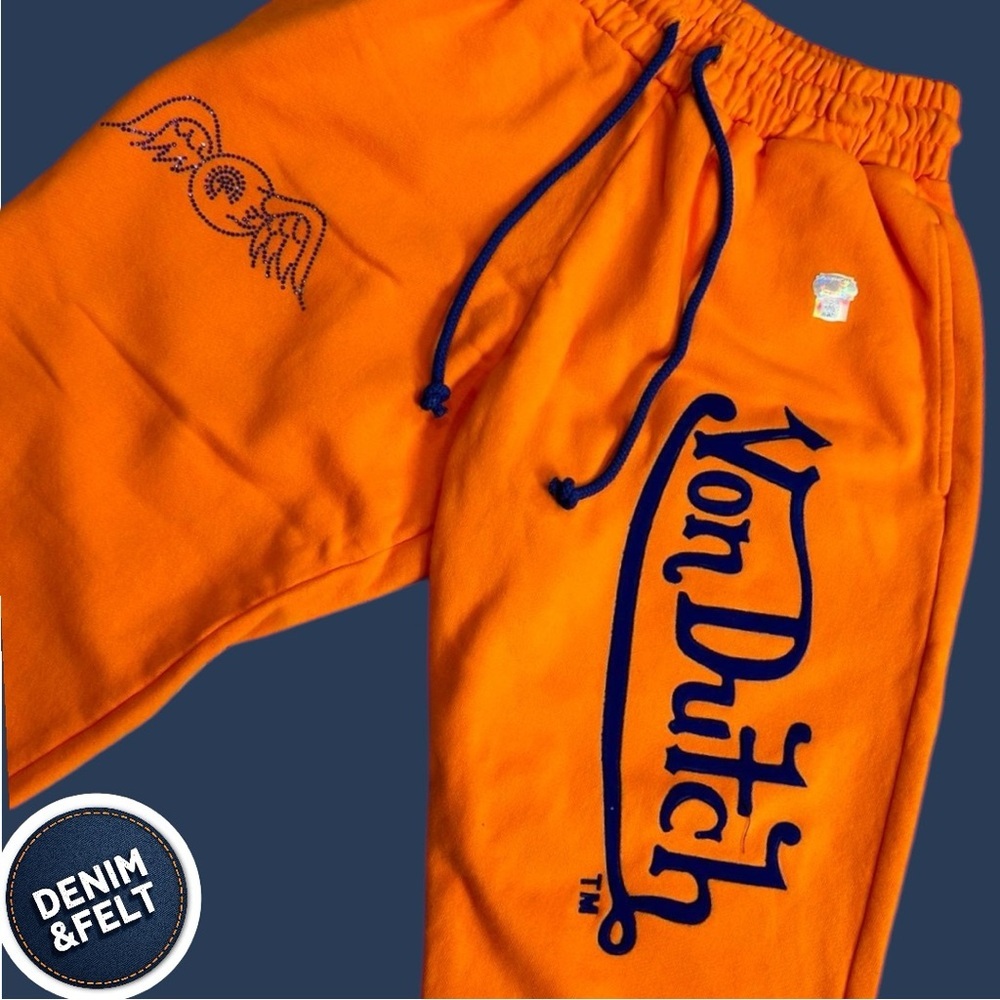 NEW Von Dutch Unisex Orange/Navy Blue Embroidered Logo Jogger Sweatpants Lounge - Picture 4 of 8